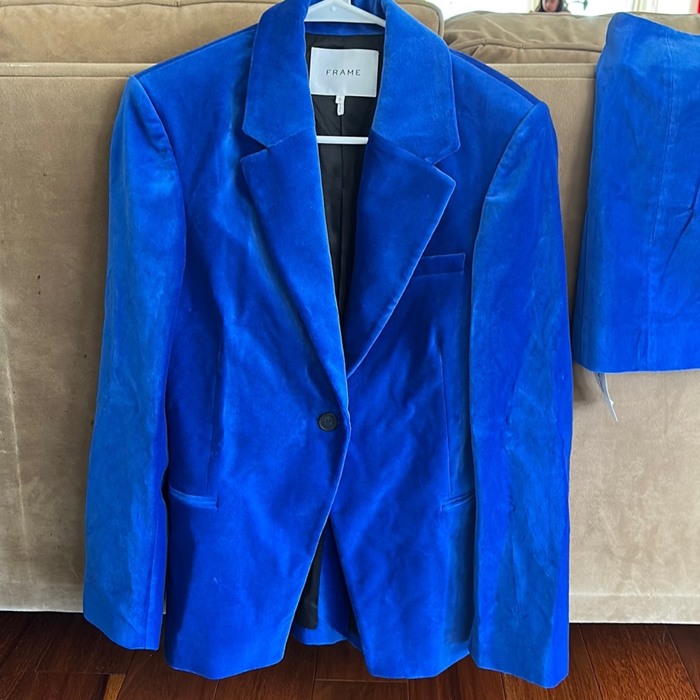 Soft suede-like one button jacket (size 2) + matching skirt size 4 Blue like new